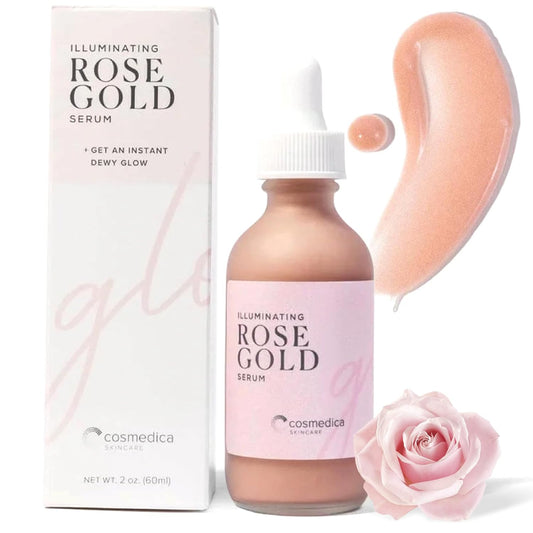 Cosmedica Skincare Illuminating Rose Gold Facial Serum displayed beside its packaging, showcasing a vibrant rose gold serum droplet.