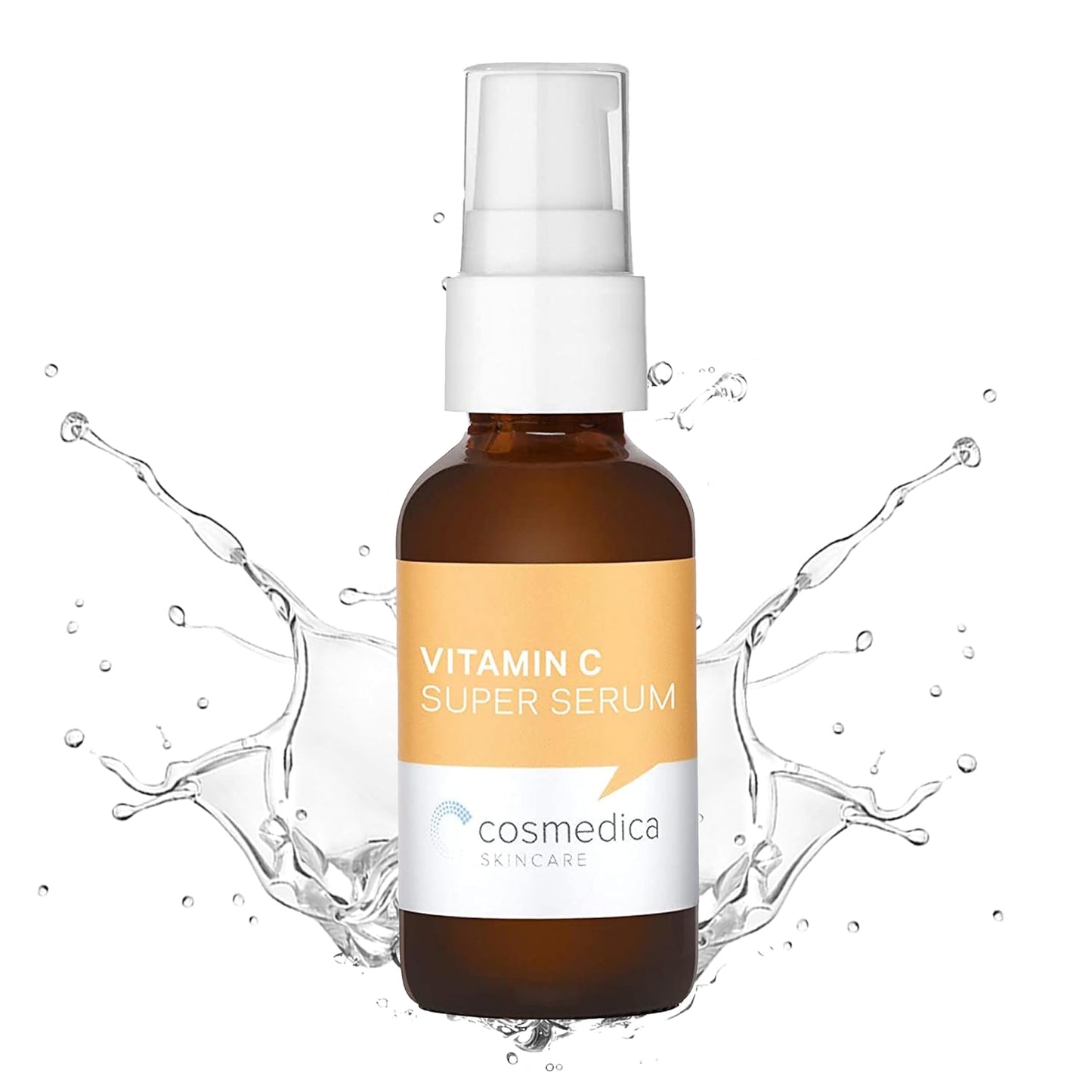Cosmedica Skincare Vitamin C Super Serum splash effect, highlighting the serum's hydrating and revitalizing features.