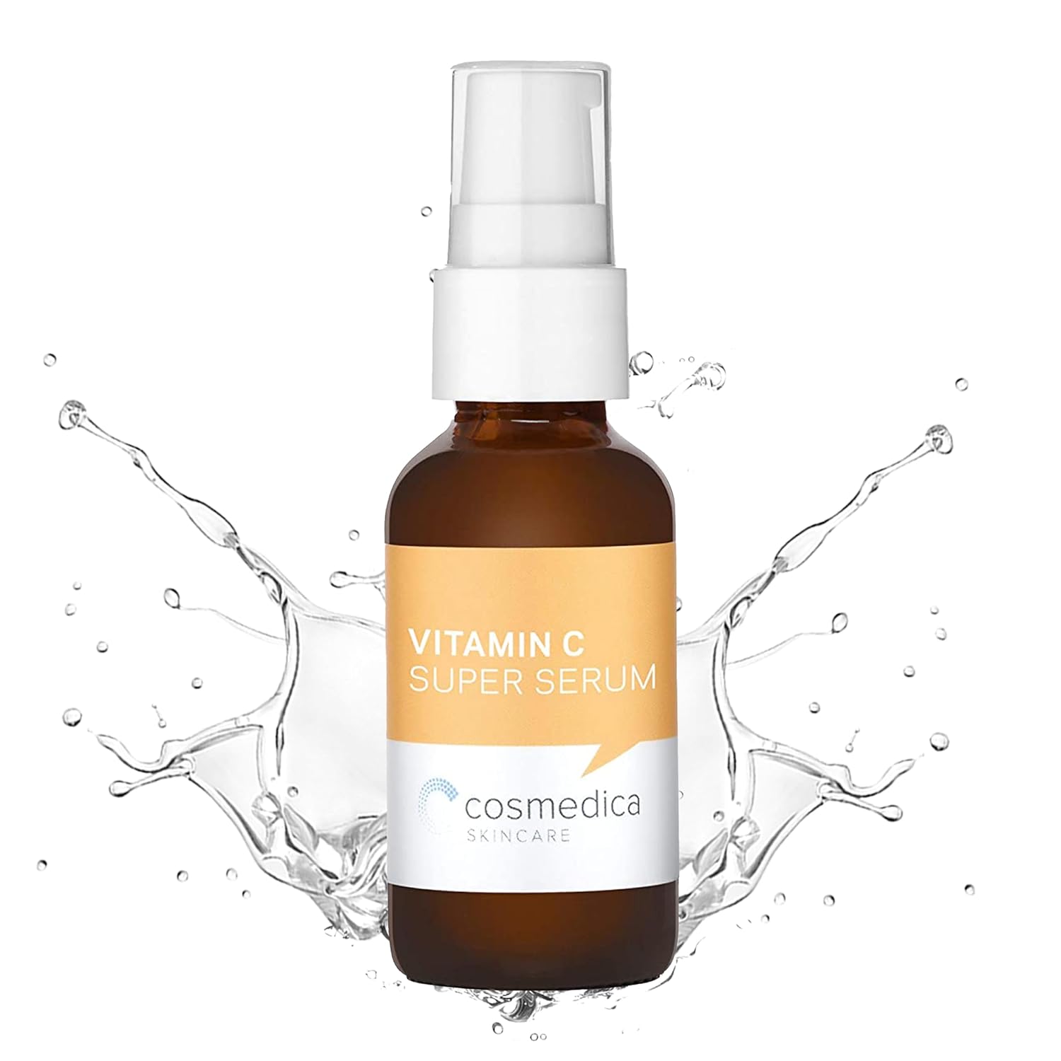 Cosmedica Skincare Vitamin C Super Serum splash effect, highlighting the serum's hydrating and revitalizing features.