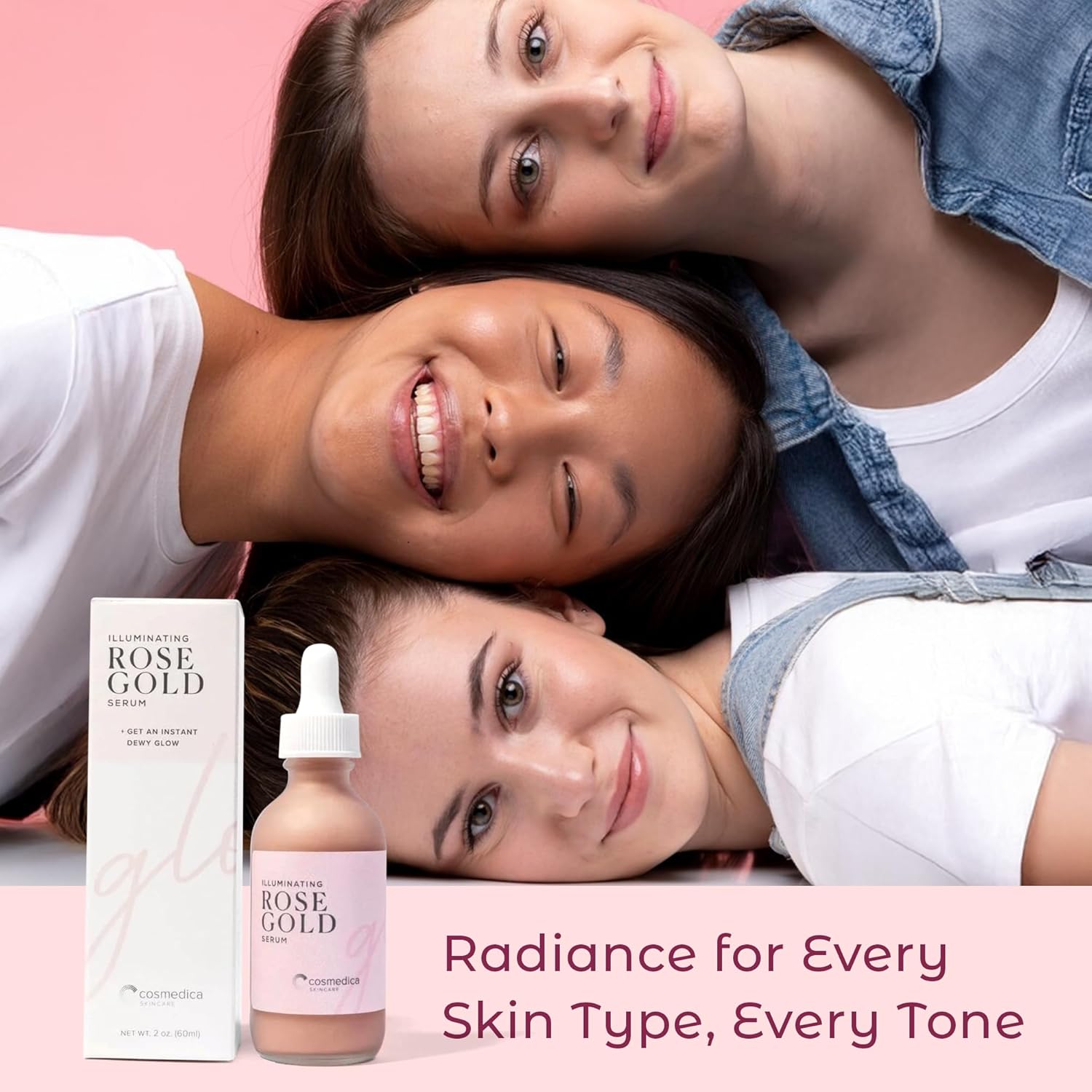 Diverse group of friends enjoying the benefits of the Illuminating Rose Gold Facial Serum by Cosmedica Skincare, emphasizing radiance for all skin types and tones.