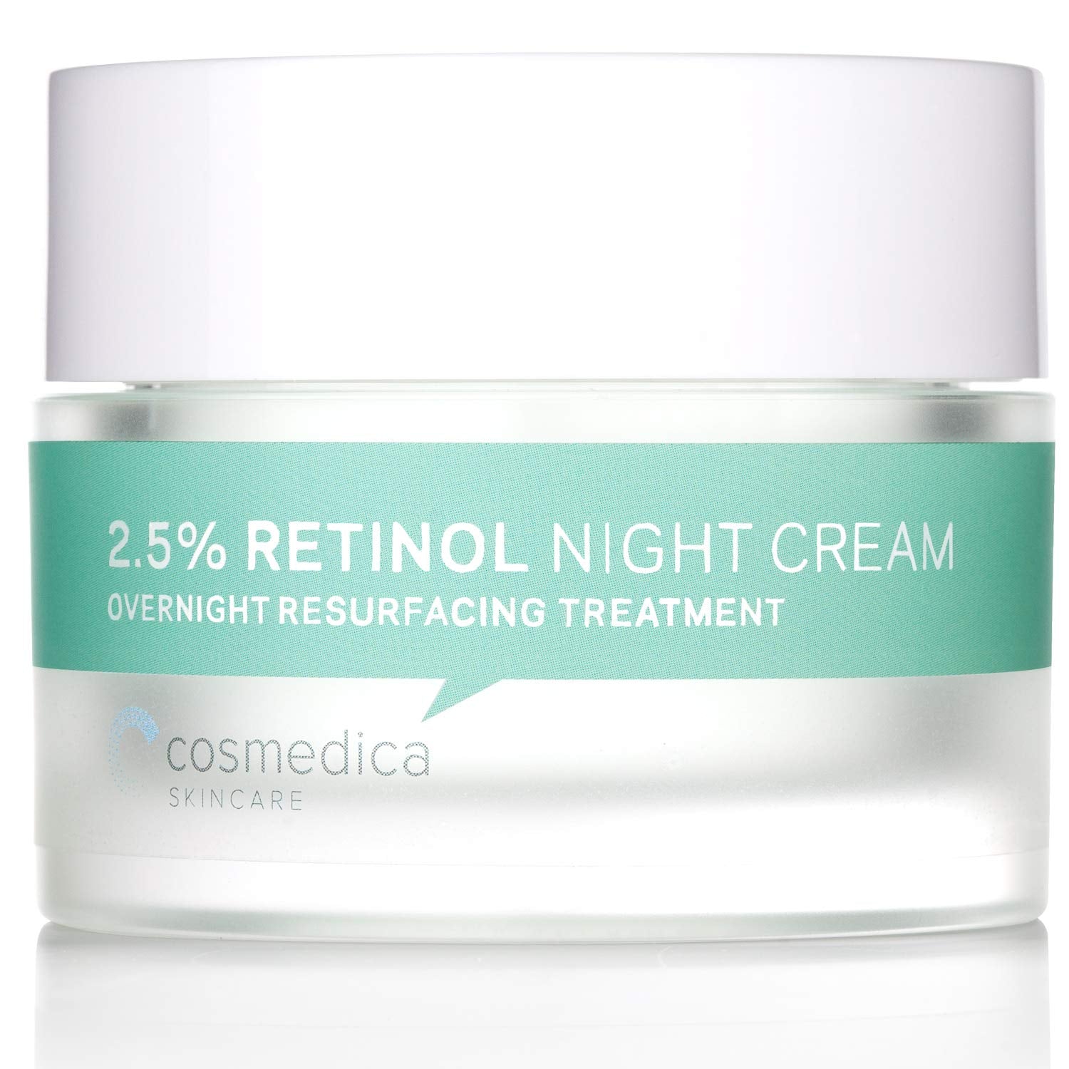 A jar of Cosmedica Skincare 2.5% Retinol Facial Night Cream highlighting its overnight resurfacing treatment benefits.