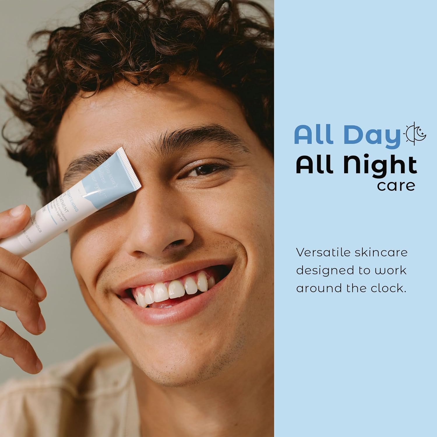 A smiling man applying Cosmedica Skincare's Brightening Eye Treatment Gel, promoting all-day and all-night skincare routines.