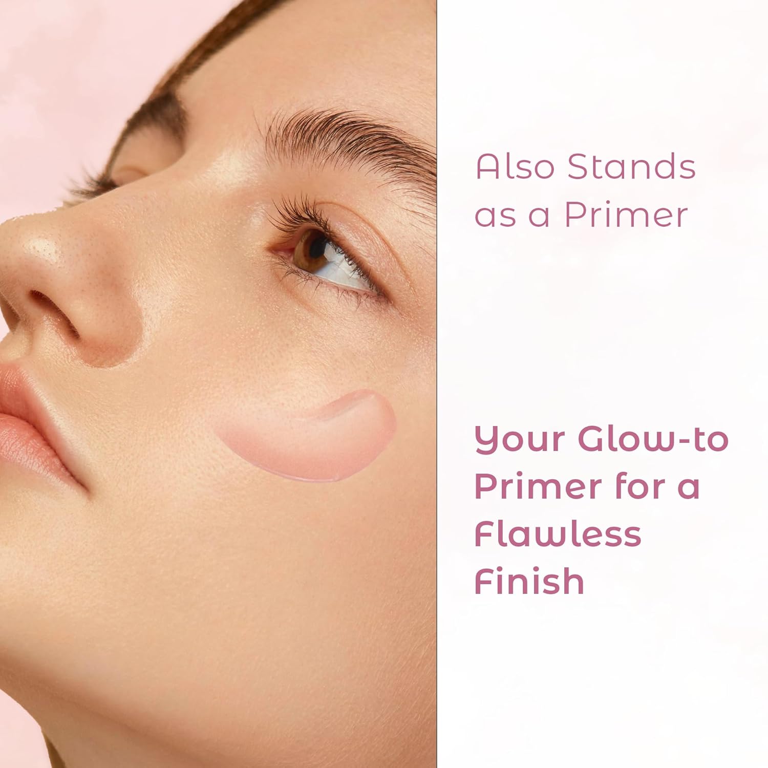 A close-up of a model showcasing the Illuminating Rose Gold Facial Serum by Cosmedica Skincare as an effective primer for a flawless finish.