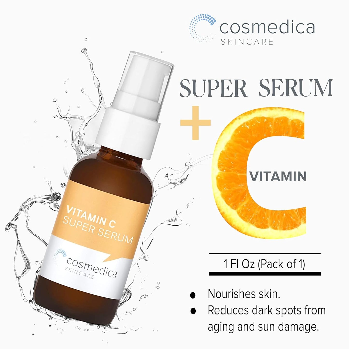 Cosmedica Skincare Vitamin C Super Serum with an orange, emphasizing its skin-nourishing benefits and antioxidant properties.