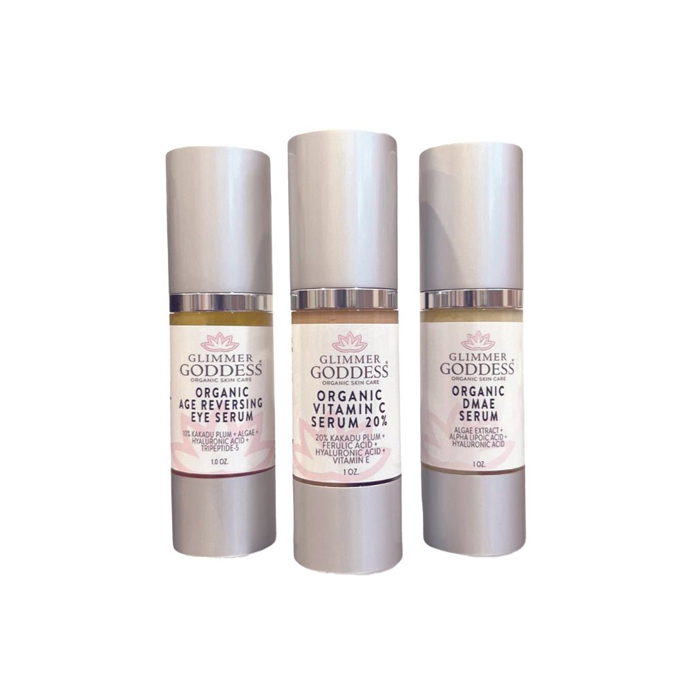 GNS Beauty & Personal Care Organic Anti-Aging Trio Vitamin C + DMAE + Age Reversing Eye Serum showcasing the complete set of three facial serums for radiant skin.