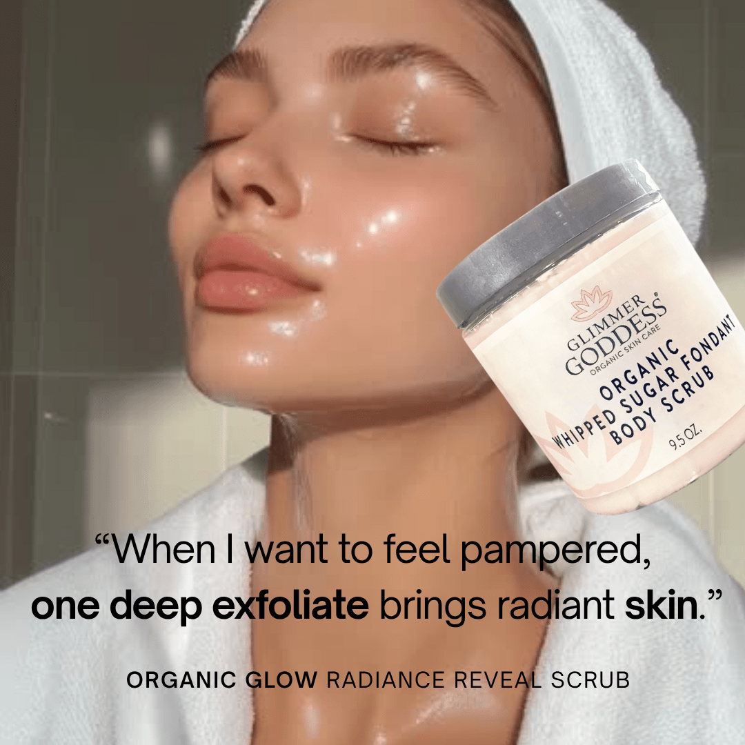 Smiling woman with radiant skin using Glimmer Goddess Organic Whipped Sugar Fondant Exfoliating Body Scrub, a perfect pampering skincare treatment.