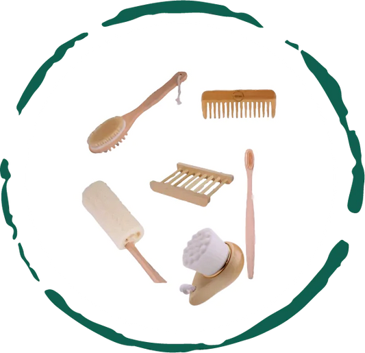 BeNat 6-Piece Eco-Friendly Bamboo Bath Accessories Bundle featuring various items including a bath brush, comb, and loofah, perfect for sustainable self-care.