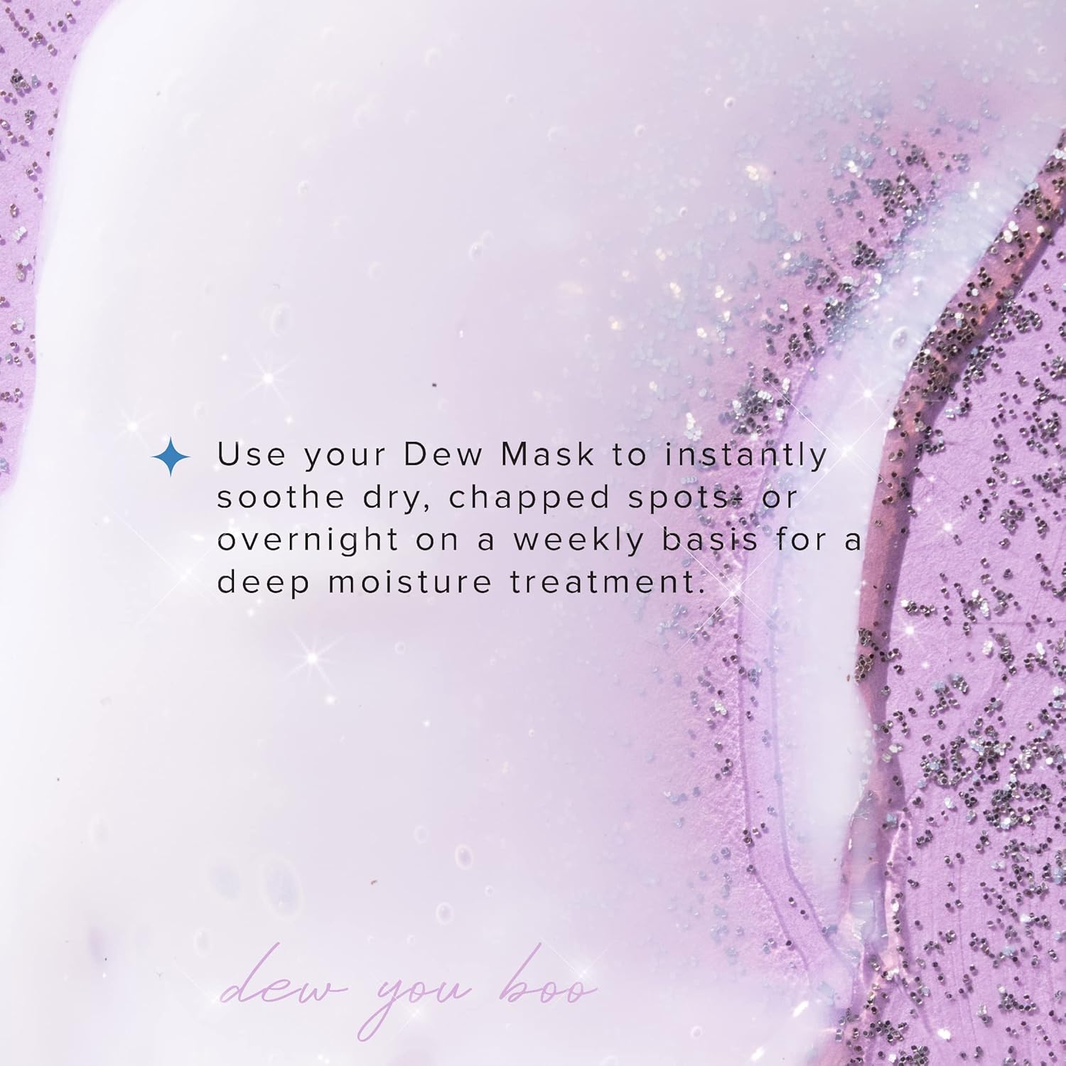 Artistic display of the Hyaluronic Dew Multi-Mask by Cosmedica Skincare with soothing purple tones and shimmering accents, illustrating its use for deep moisture treatment.