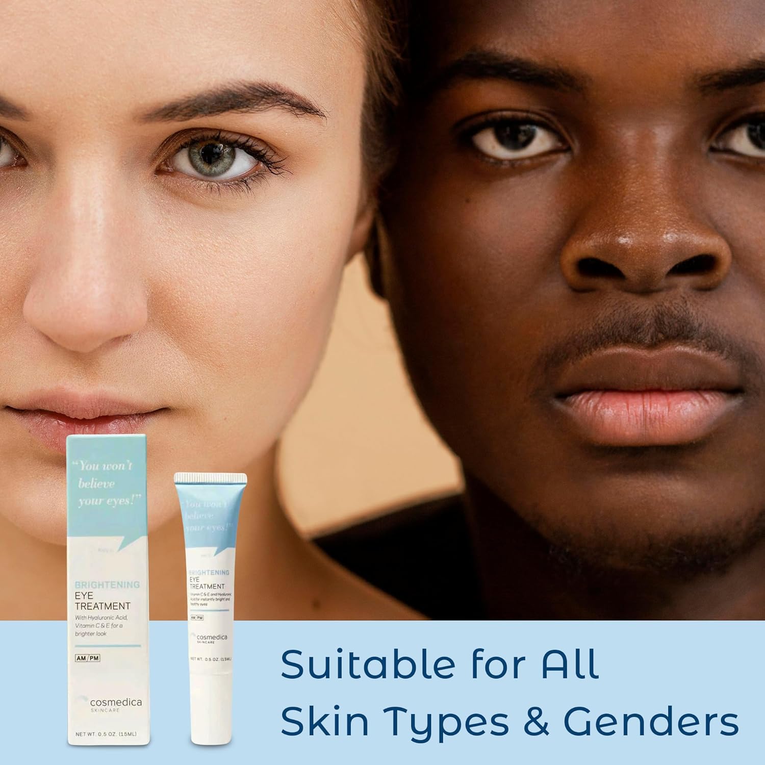 Diverse pair of individuals showcasing the Cosmedica Skincare Brightening Eye Treatment Gel, emphasizing its suitability for all skin types and genders.