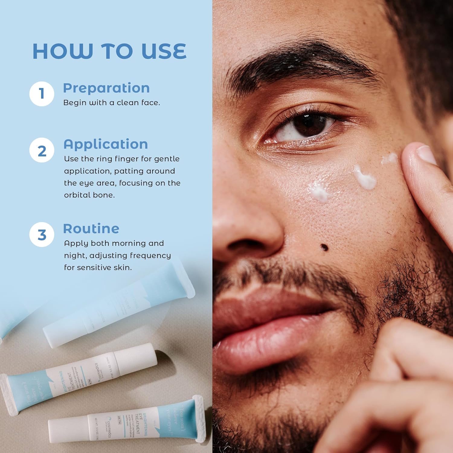 Step-by-step guide on how to use Cosmedica Skincare Brightening Eye Treatment Gel, featuring a person applying the product under the eye.