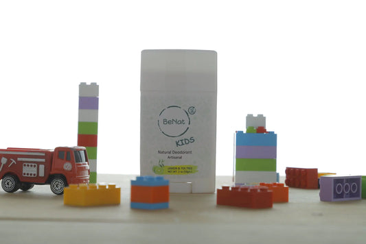 BeNat All-Natural Deodorant Stick for Kids & Teens displayed among colorful building blocks and a toy truck, promoting a fun and safe personal care option from GNS Beauty & Personal Care.