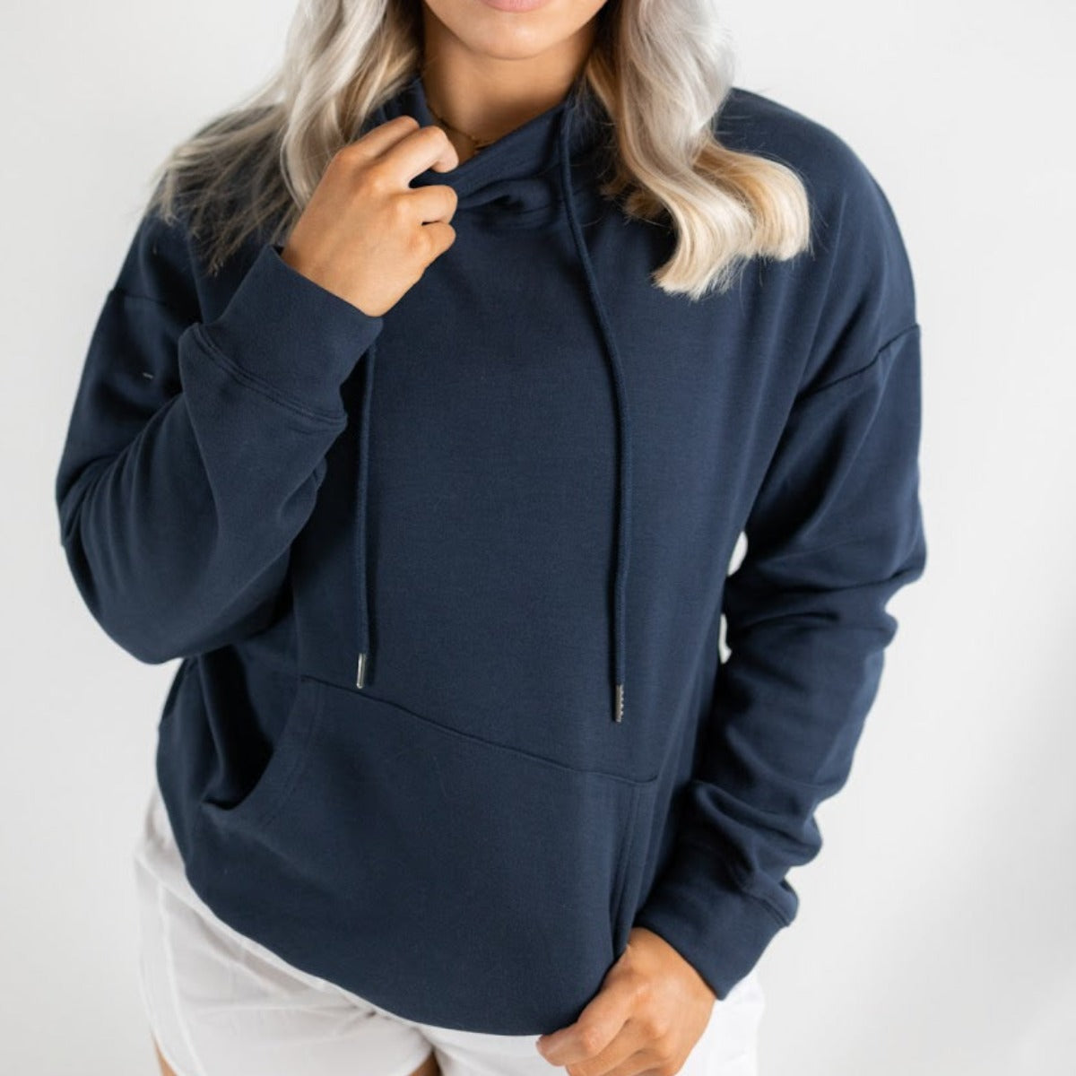 Cozy Up Cowl Neck Hoodie from DYM Athletics displayed in navy color, showcasing the stylish cowl neck and relaxed fit, perfect for casual and athletic wear.
