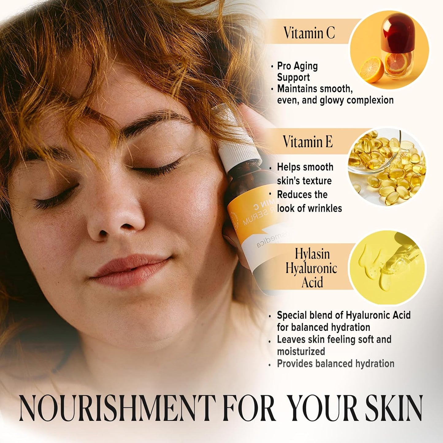 Nourishing ingredients of Cosmedica Skincare Vitamin C Super Serum, featuring Vitamin C, Vitamin E, and Hyaluronic Acid to enhance skin texture.