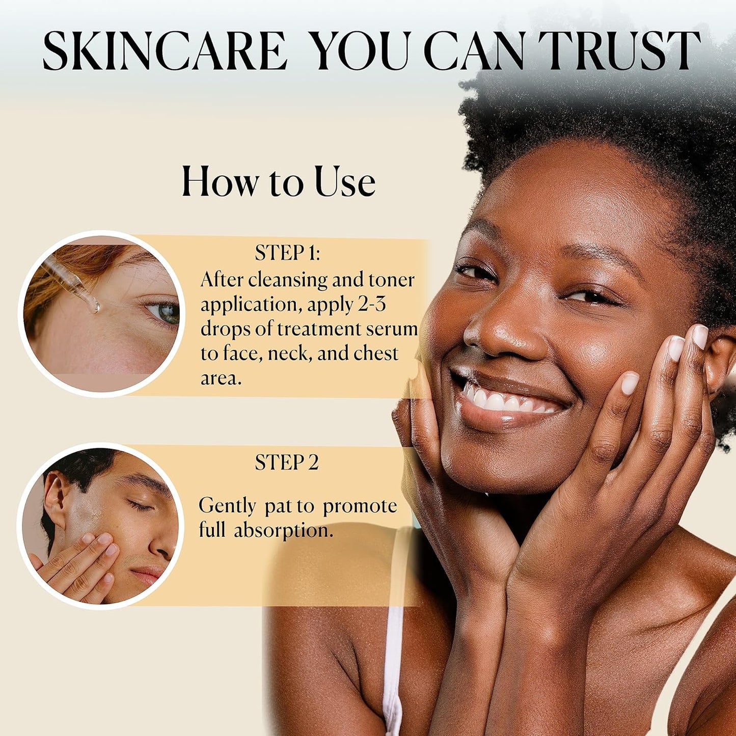 Instructions for using Cosmedica Skincare Vitamin C Super Serum, showing steps for application on face, neck, and chest for effective skincare.