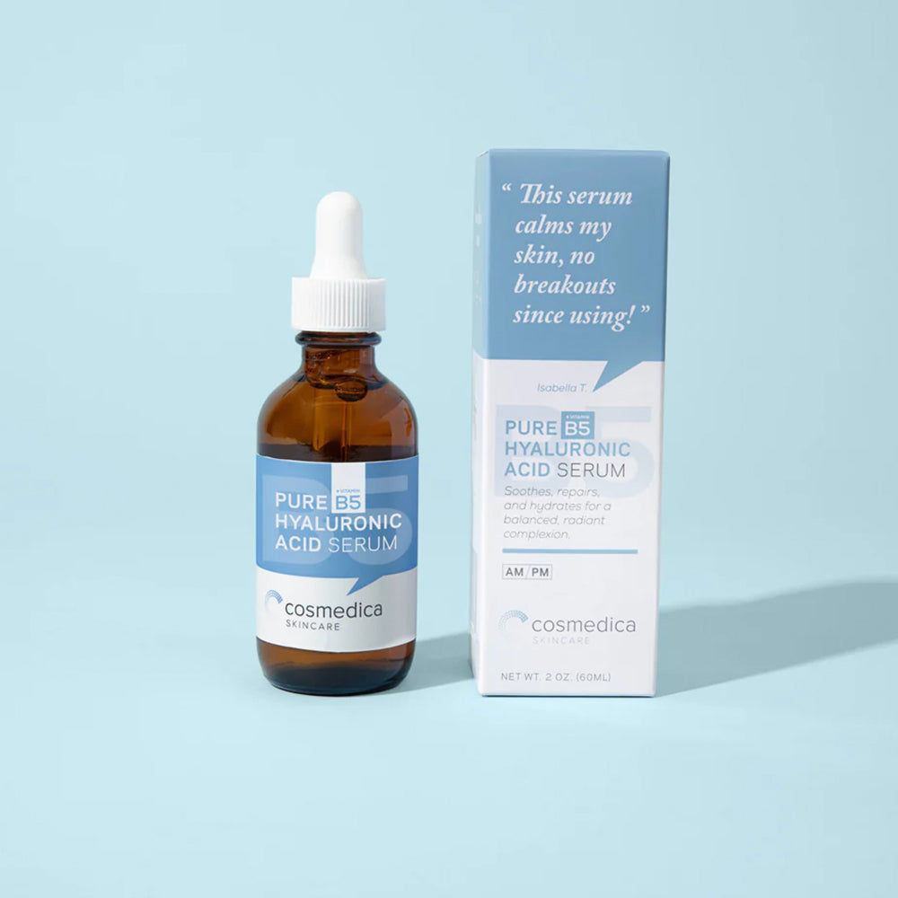 Cosmedica Skincare Hyaluronic Acid + Vitamin B5 Serum packaged with its box, emphasizing hydration and skin soothing properties.