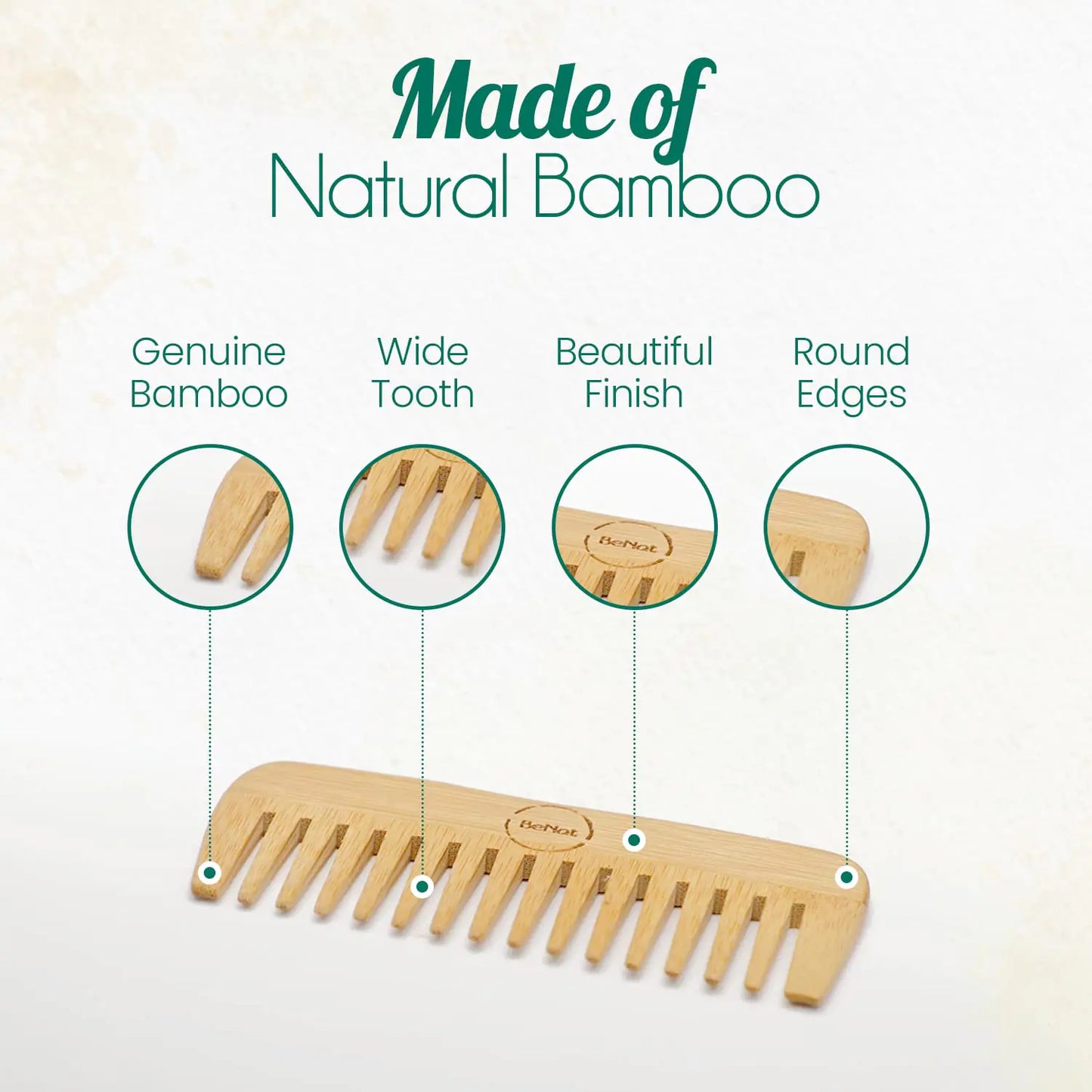 Features of BeNat Eco-Friendly Bamboo Hair Comb displayed including genuine bamboo, wide tooth, and round edges - the ideal choice for gentle hair grooming.