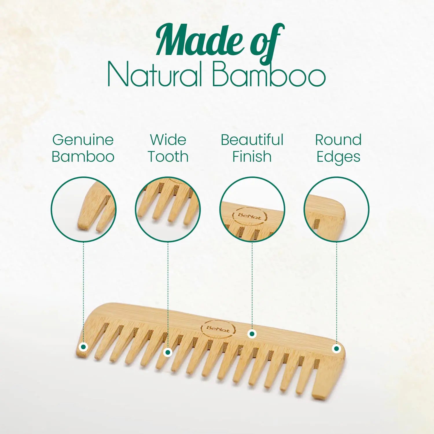 Features of BeNat Eco-Friendly Bamboo Hair Comb displayed including genuine bamboo, wide tooth, and round edges - the ideal choice for gentle hair grooming.