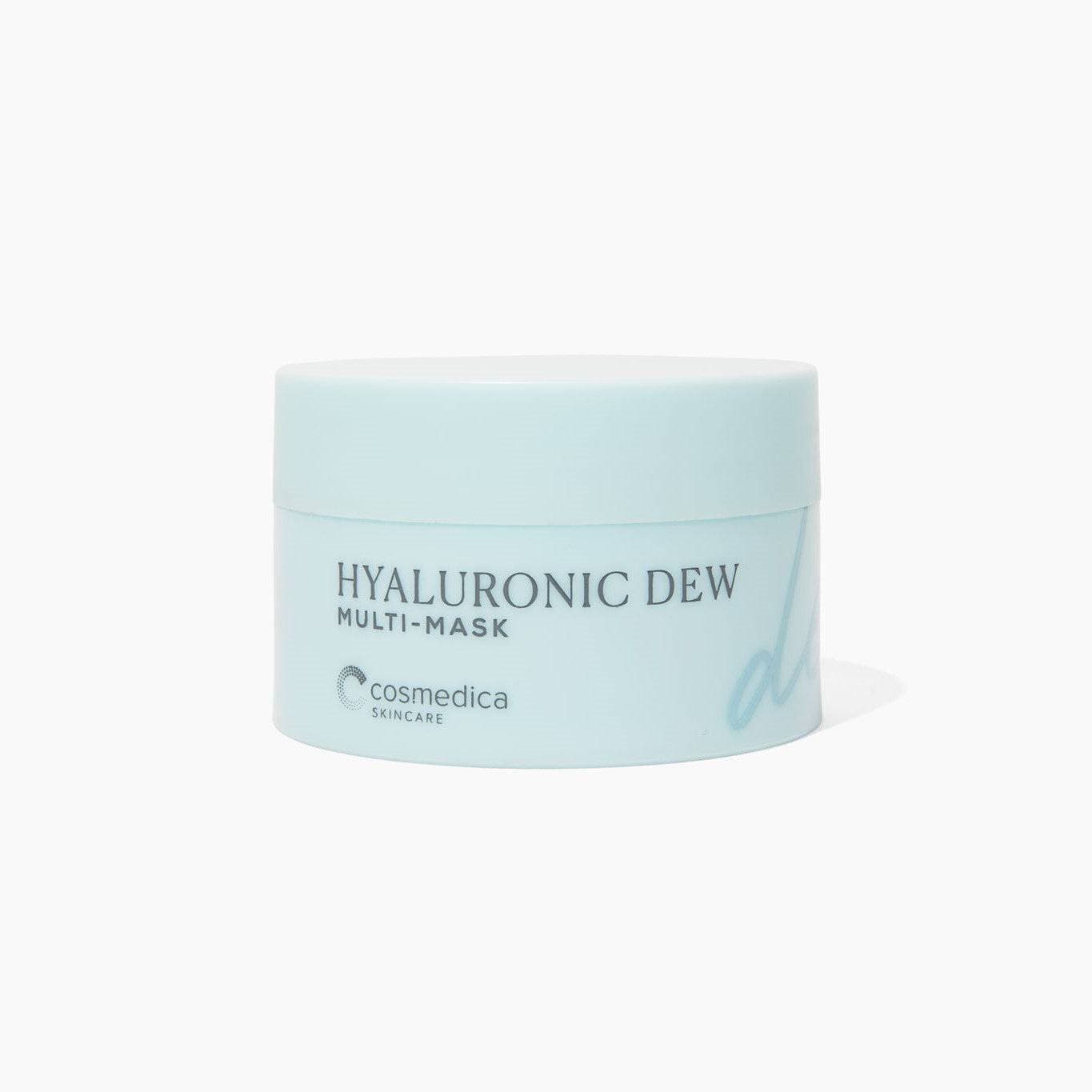 Close-up of the Hyaluronic Dew Multi-Mask jar from Cosmedica Skincare, part of the Hydrating Duo for deep moisture.