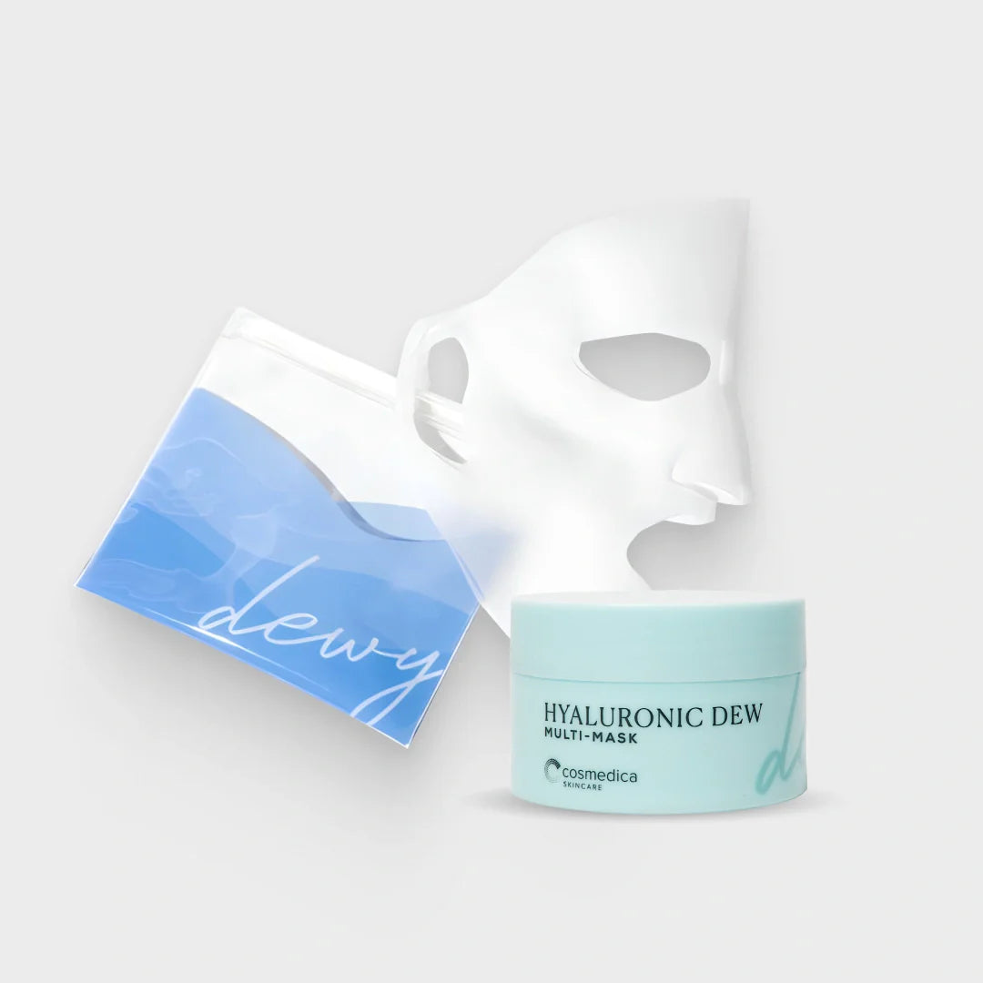 Cosmedica Skincare Hydrating Duo featuring the Hyaluronic Dew Multi-Mask and a reusable silicone hydro mask for intense hydration.
