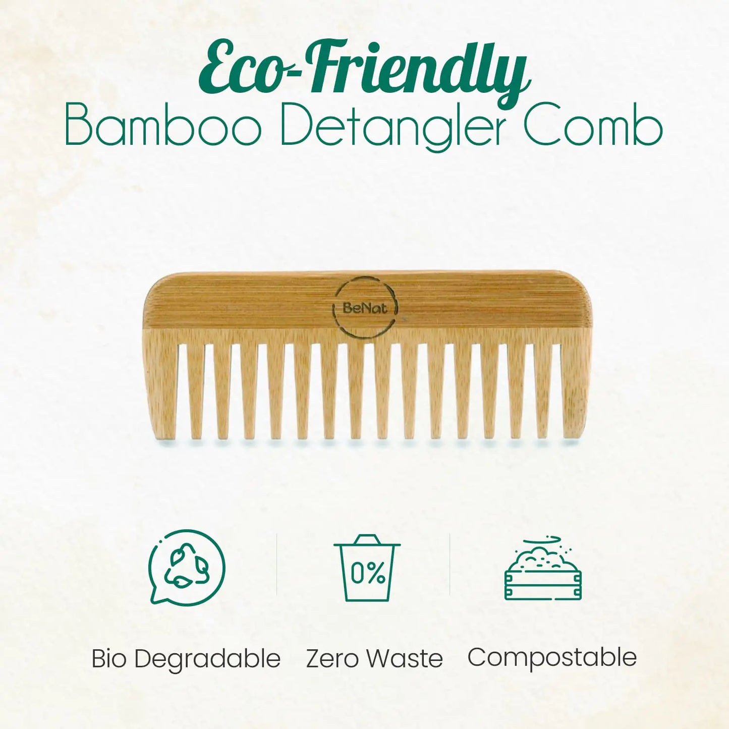 BeNat Eco-Friendly Bamboo Hair Comb displayed on a light background, highlighting its sustainable and biodegradable features.