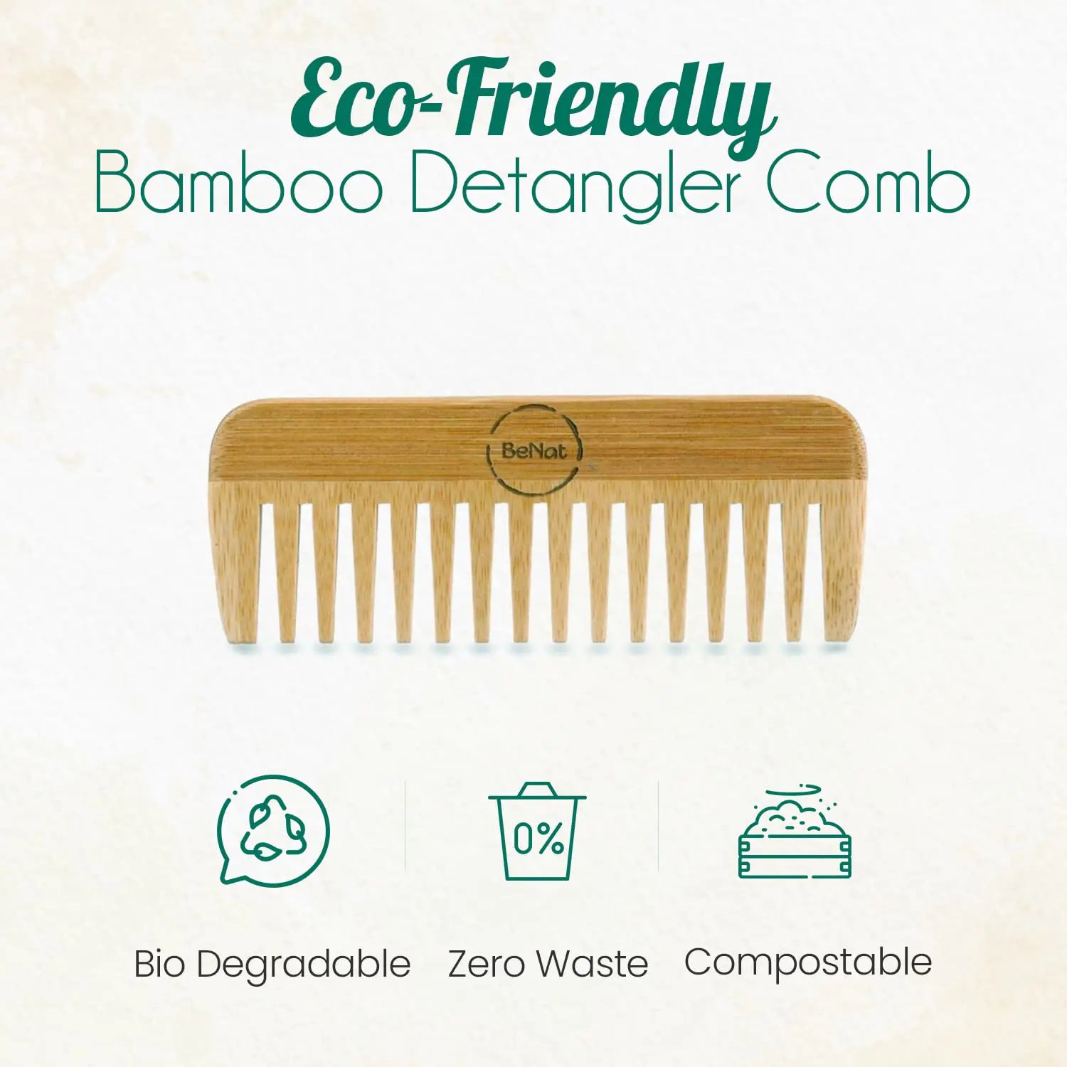 BeNat Eco-Friendly Bamboo Hair Comb displayed on a light background, highlighting its sustainable and biodegradable features.