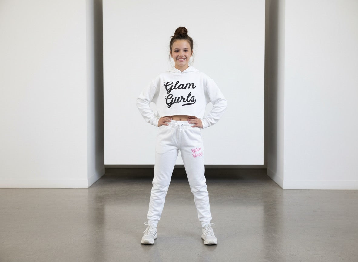 Young girl posing in the Customized Glam Gurls Cropped Hoodie with Puff Print in white, showcasing a trendy and comfortable outfit by Glam Gurls.