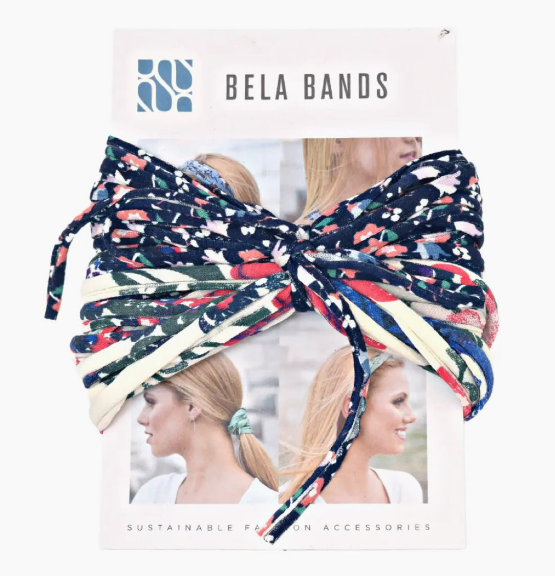 Bela Band Headbands presented with a stylish display, showcasing the unique patterns and eco-conscious design from Bela Band.