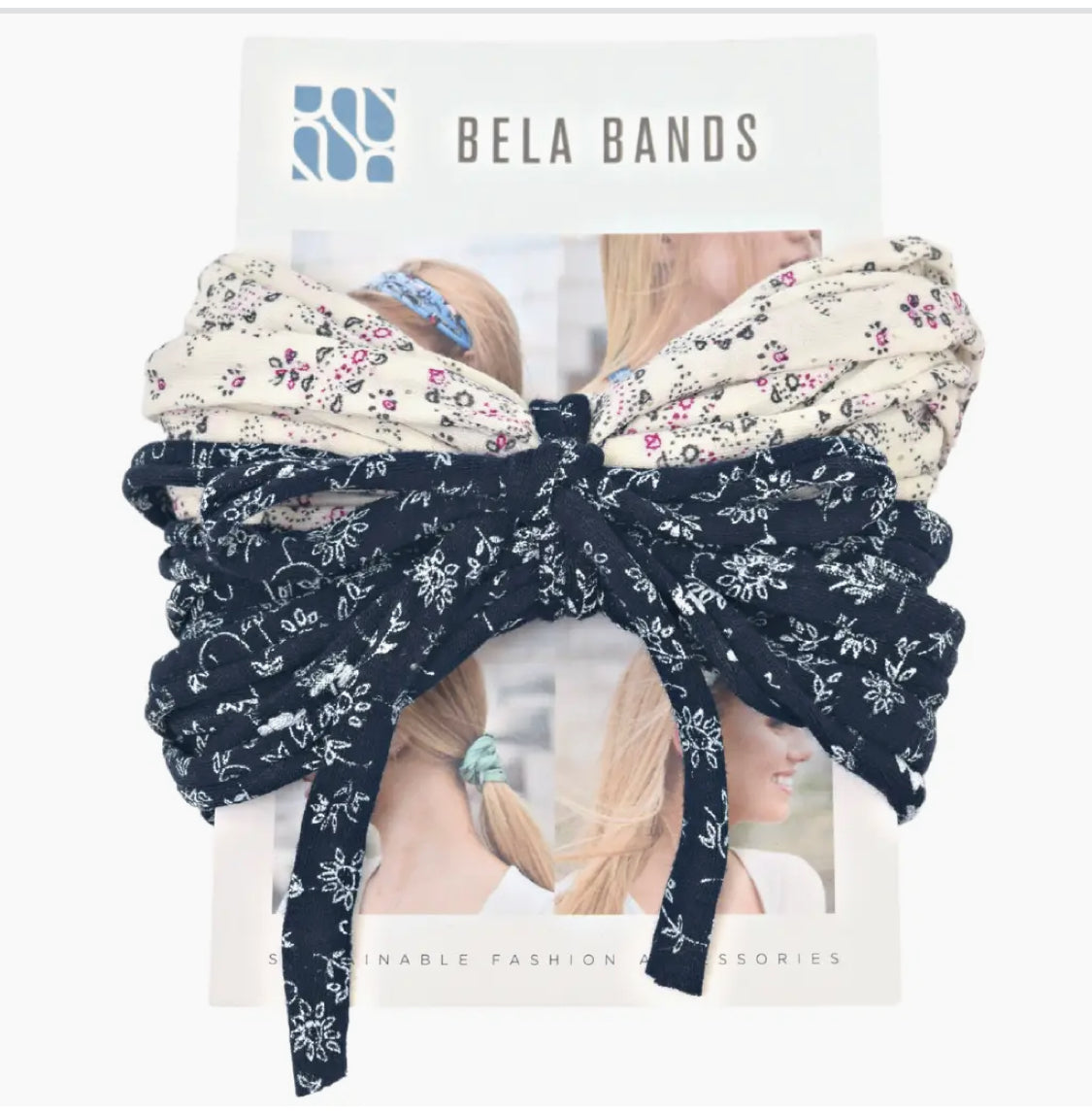 Charming Bella Band Headbands displayed on a promotional card, showcasing unique patterns and sustainable design, perfect for trendy accessorizing.