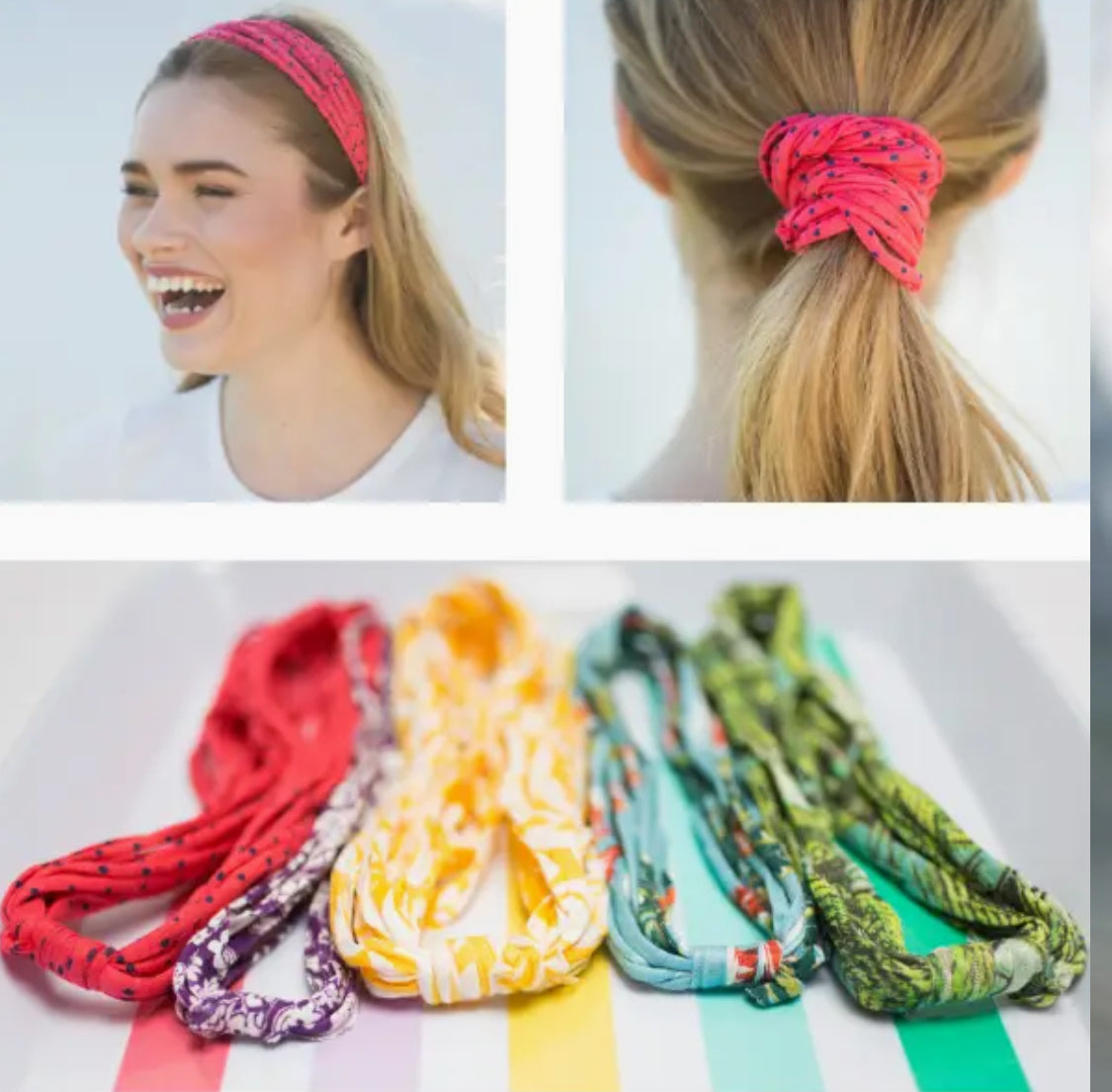 A happy woman wearing a bright pink Bela Band Headband, surrounded by colorful scrunchies and bands, highlighting versatile fashion options by Bela Band.