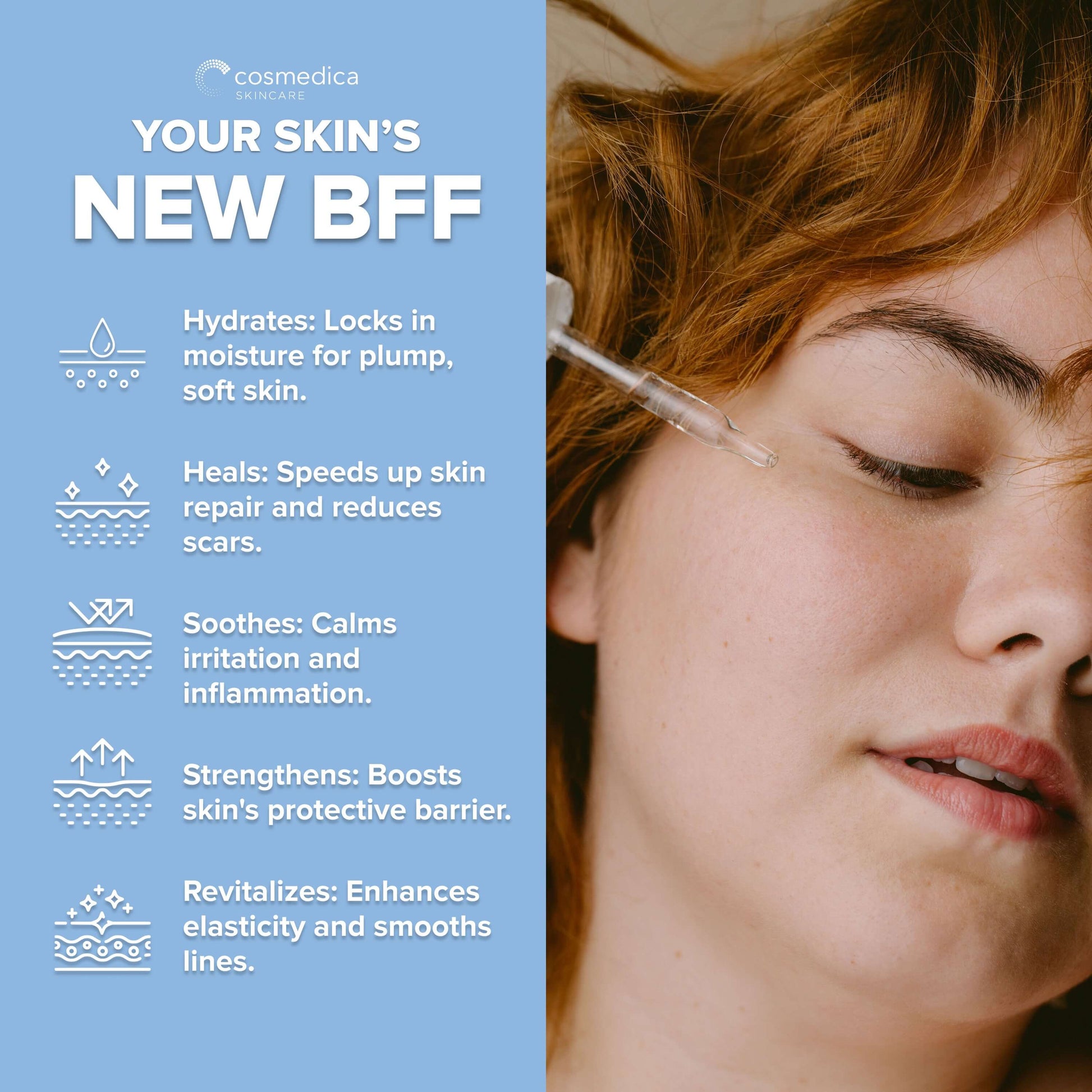 Cosmedica Skincare Hyaluronic Acid + Vitamin B5 Serum's benefits highlighted with graphics, showcasing its hydrating and soothing qualities for healthier skin.