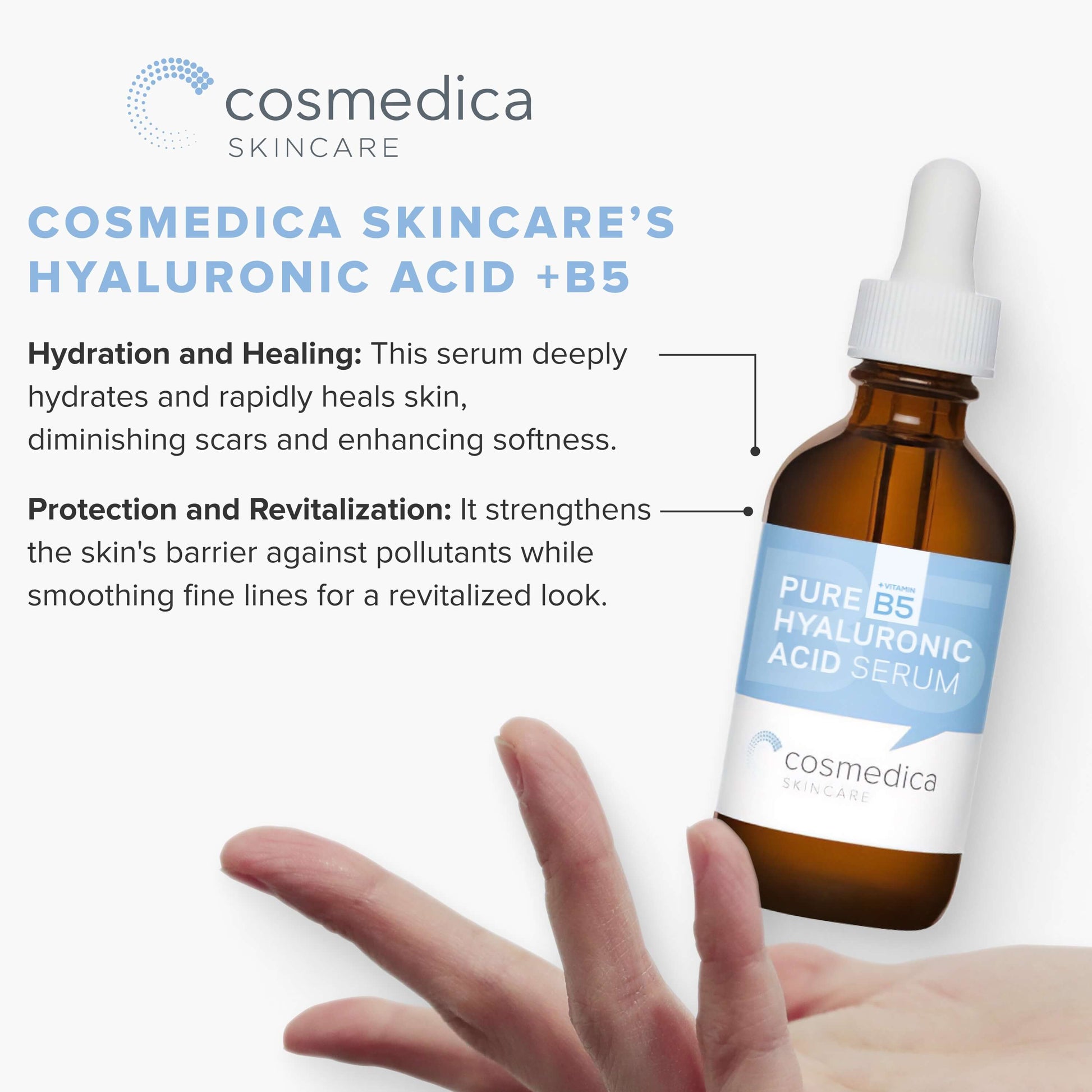 Cosmedica Skincare Hyaluronic Acid + Vitamin B5 Serum in a dropper bottle highlighting hydration, healing, and skin protection.