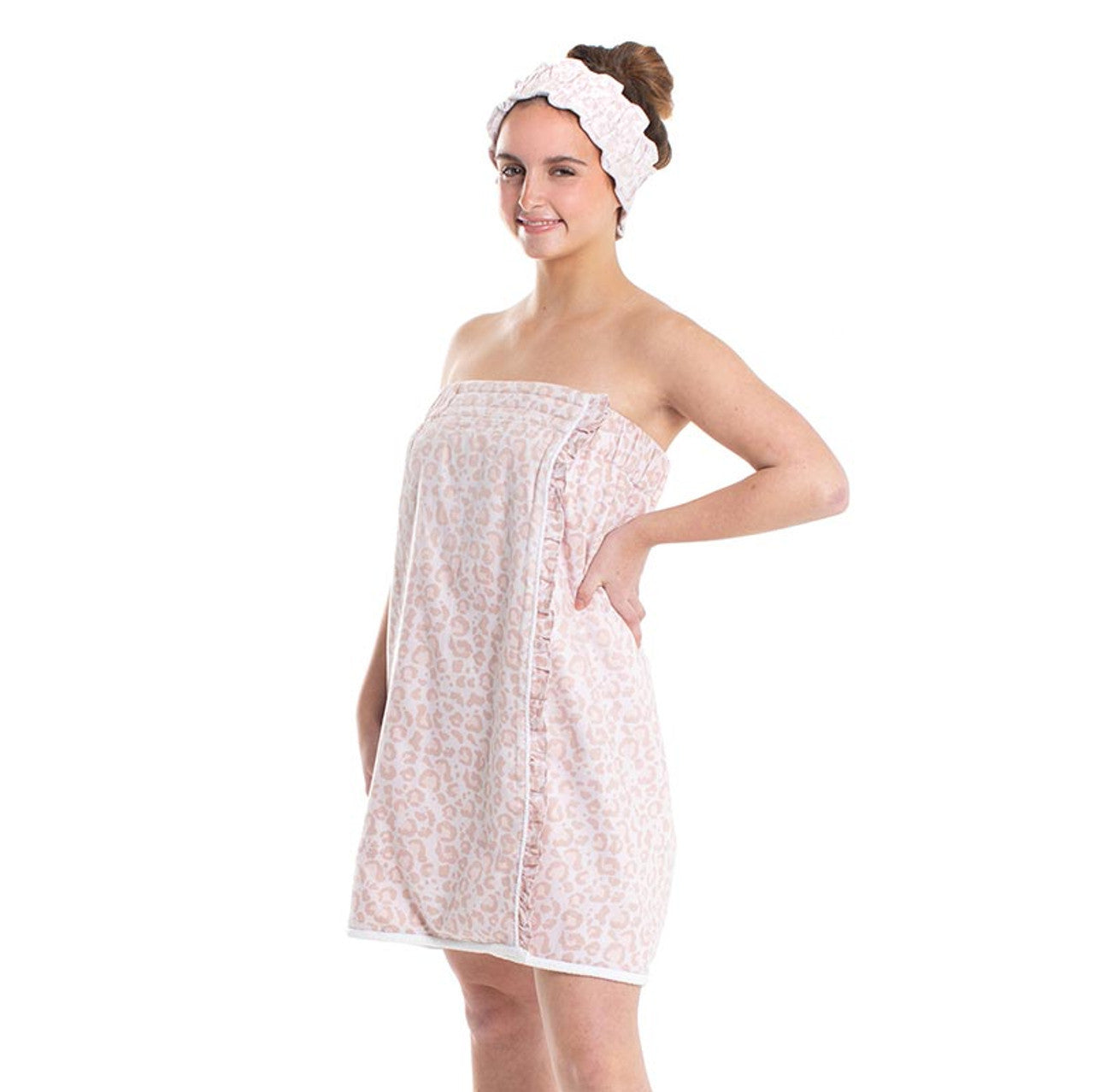 Another angle of a woman modeling the Leopard Print Spa Wrap & Headband Set by The Bullish Store, highlighting the comfortable design and chic style for relaxation.