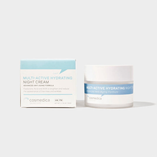 Cosmedica Skincare's Multi-Active Hydrating Night Cream jar and box packaging, designed to provide deep hydration and anti-aging benefits for youthful skin.