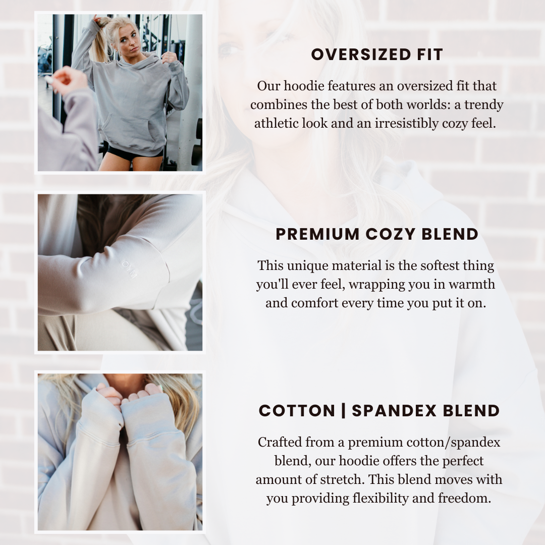 Close-up image highlighting the features of the Cozy Up Boyfriend Hoodie by DYM Athletics, emphasizing the premium cozy blend and oversized fit with a relaxed feel.