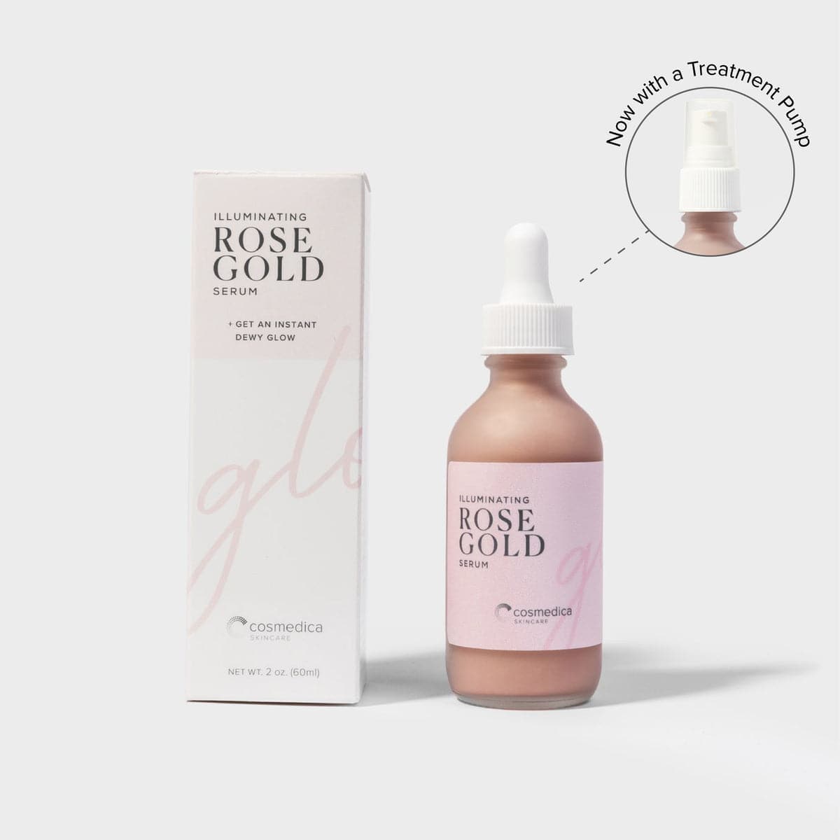 The Illuminating Rose Gold Facial Serum by Cosmedica Skincare in its packaging, featuring a treatment pump for convenient application.