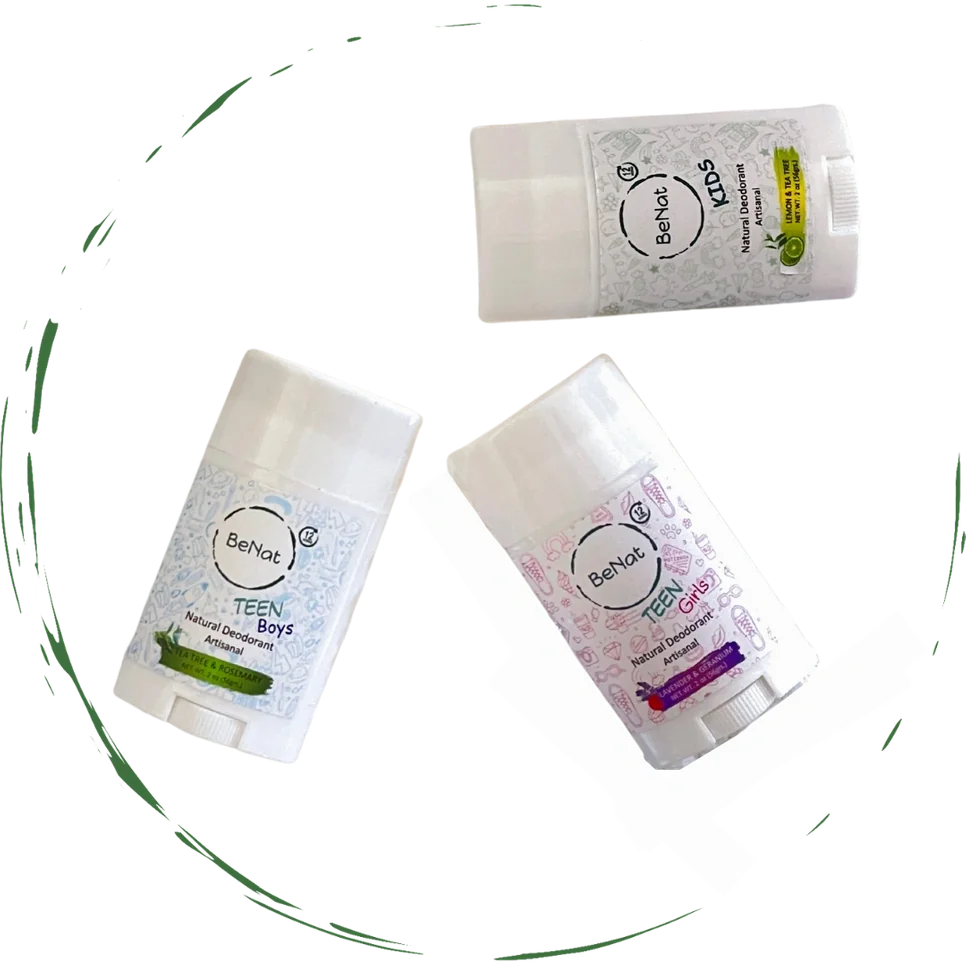 BeNat All-Natural Deodorant Stick for Kids & Teens displaying multiple varieties, perfect for young ones seeking a gentle, aluminum-free solution.