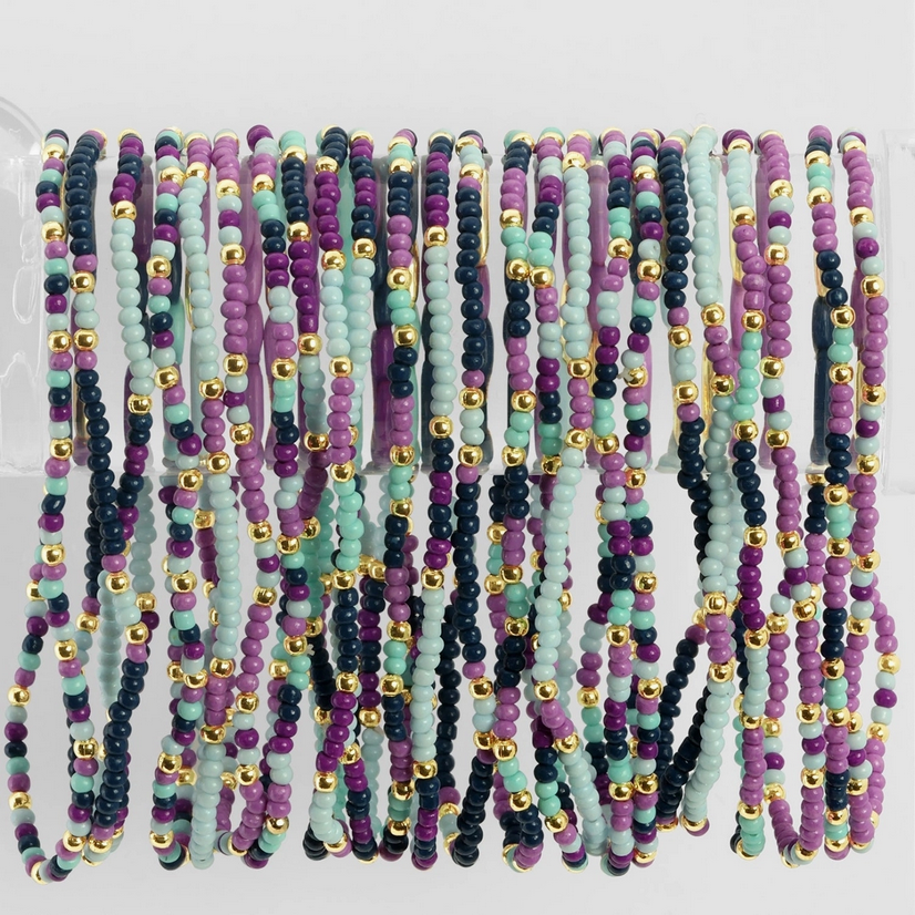 Trendy multicolored stretch seed bead bracelets by Splendid Iris, designed to be versatile accessories for any occasion.