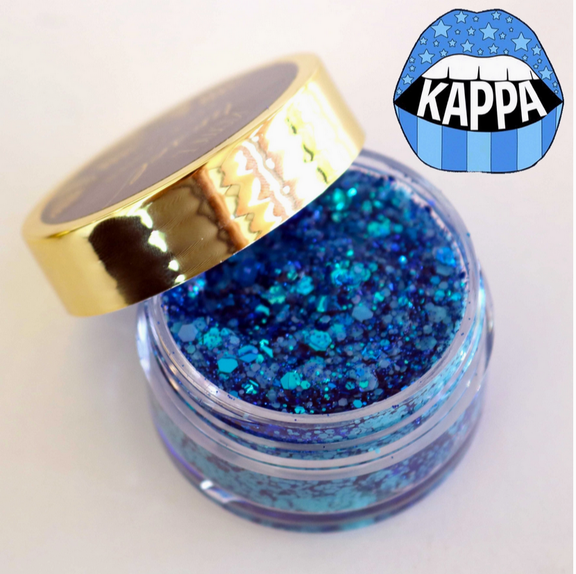 Go Greek Face Glitter Set by Stinaface with a stunning turquoise glitter blend in a chic container, ideal for celebrating sisterhood.
