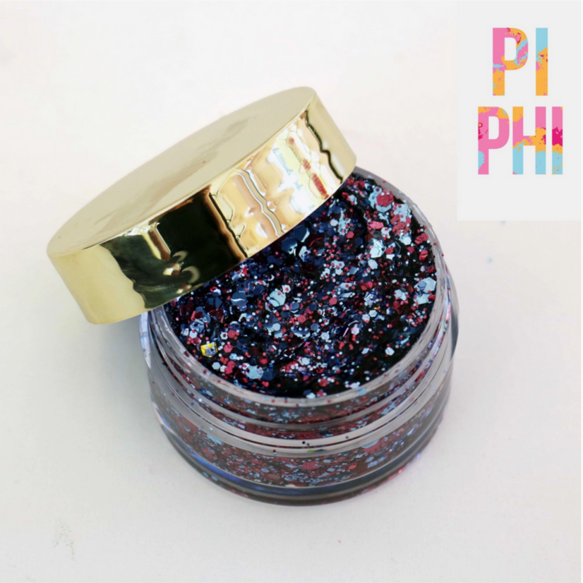 Go Greek Face Glitter Set by Stinaface showcasing a colorful mix of pink, blue, and black glitter in an elegant jar, great for parties.
