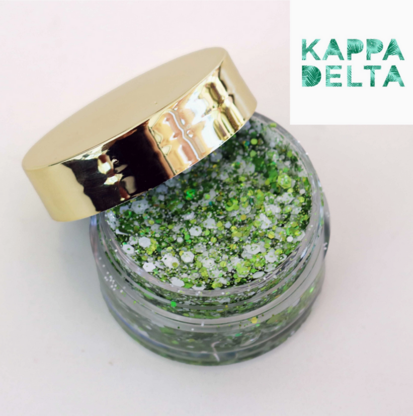 Go Greek Face Glitter Set by Stinaface showcasing a bright green glitter blend in a clear jar, ideal for Kappa Delta events or festive celebrations.