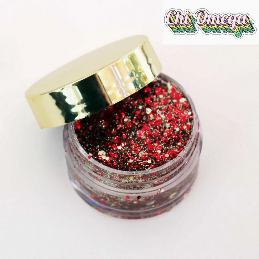 Go Greek Face Glitter Set by Stinaface displaying a bold red and black glitter mix in a clear jar, perfect for Chi Omega themes and parties.