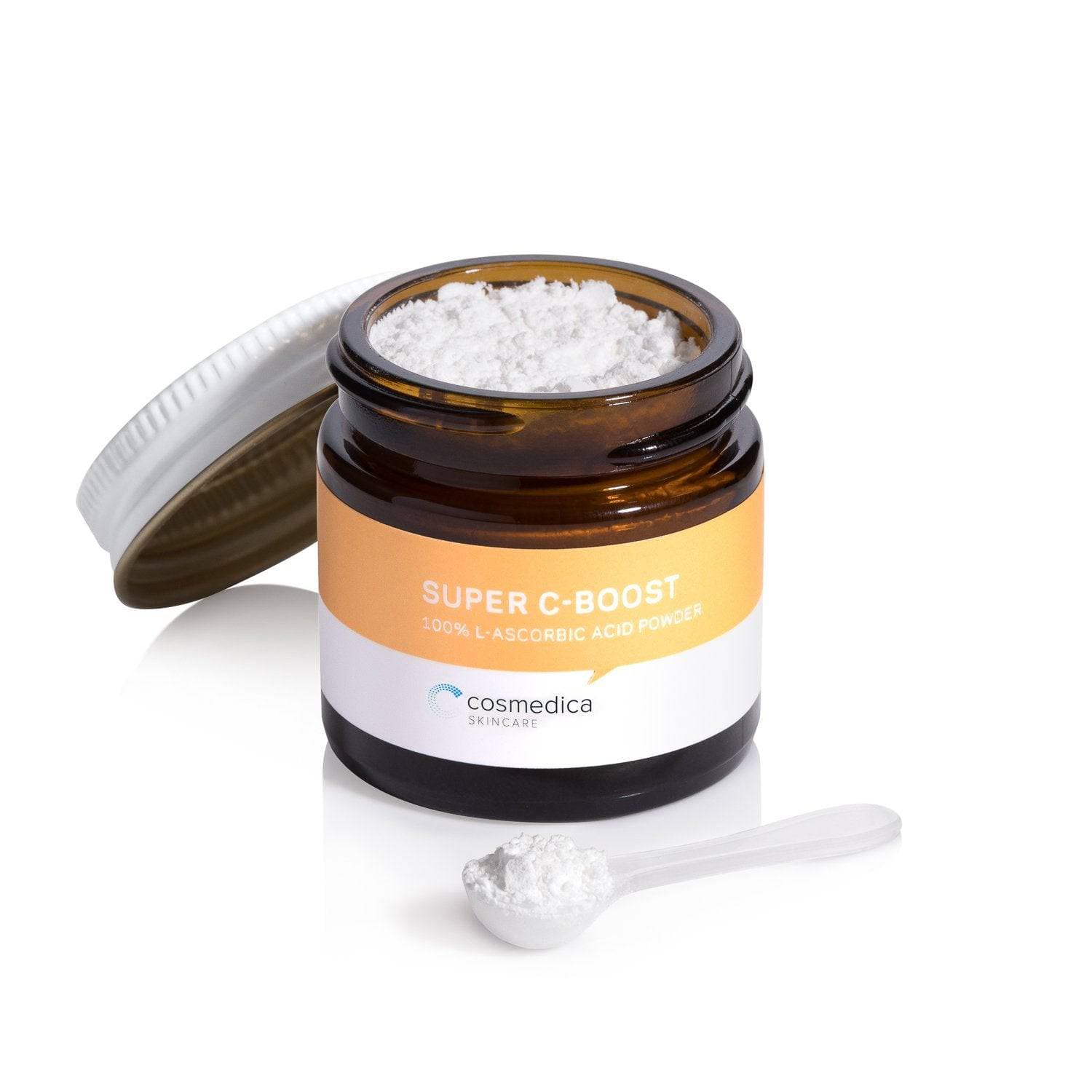Open jar of Cosmedica Skincare Super C-Boost with L-Ascorbic Acid powder and measuring spoon, perfect for custom skincare.