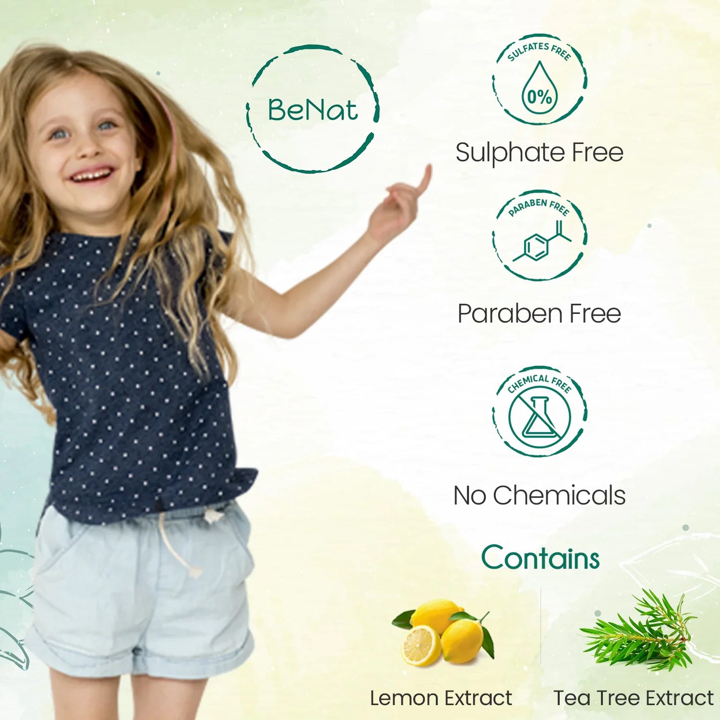 Cheerful child promoting BeNat All-Natural Deodorant Stick, emphasizing its sulfate-free, paraben-free, and chemical-free benefits.