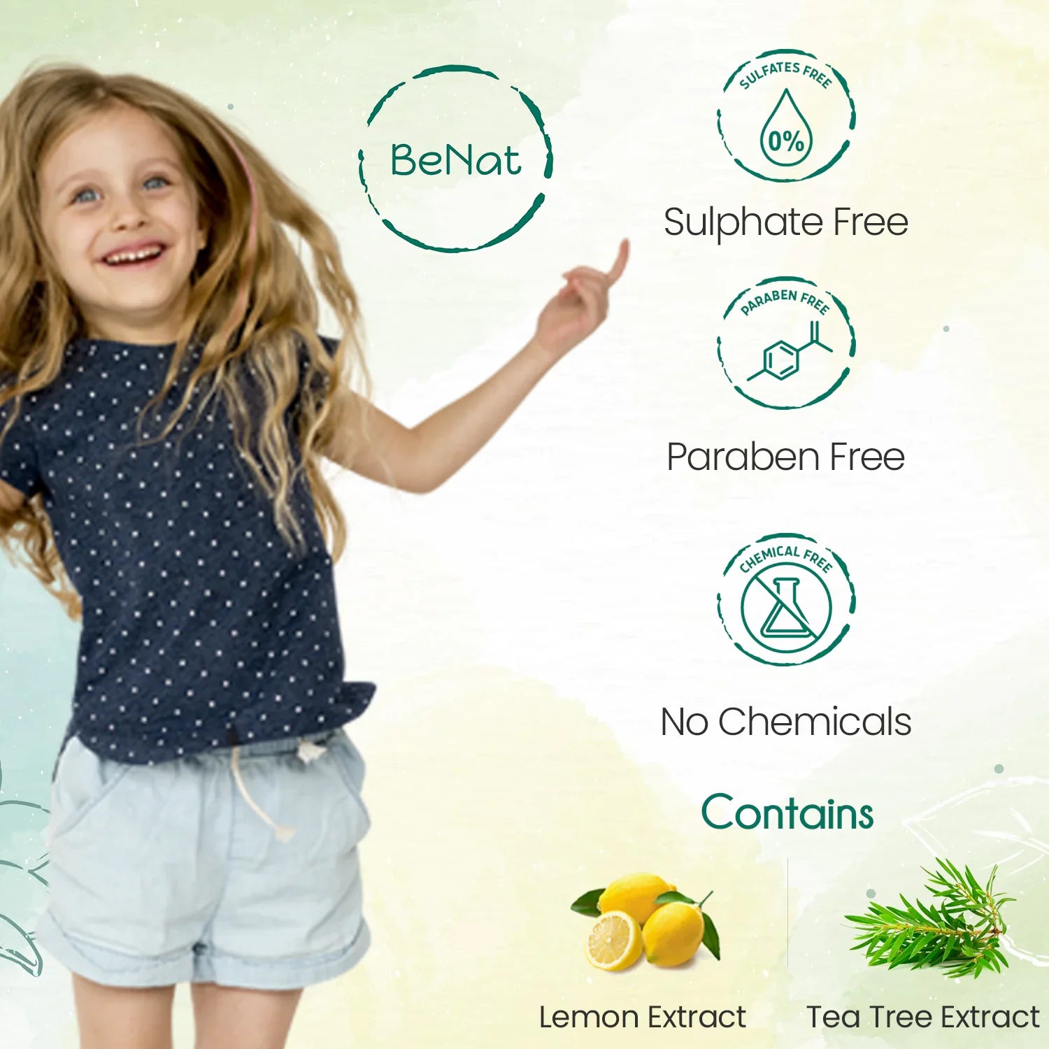 Cheerful child promoting BeNat All-Natural Deodorant Stick, emphasizing its sulfate-free, paraben-free, and chemical-free benefits.