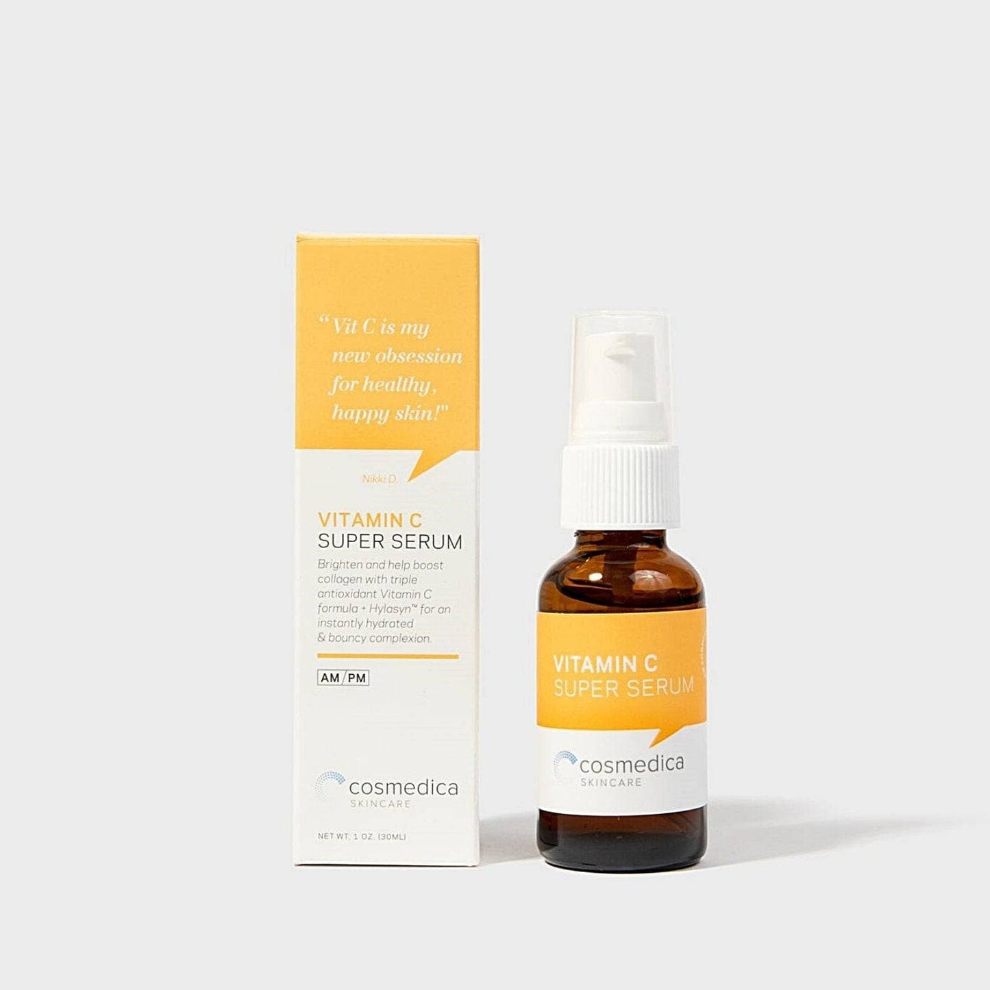 Cosmedica Skincare Vitamin C Super Serum in a small amber bottle with a box, showcasing the product's brightening properties and packaging.