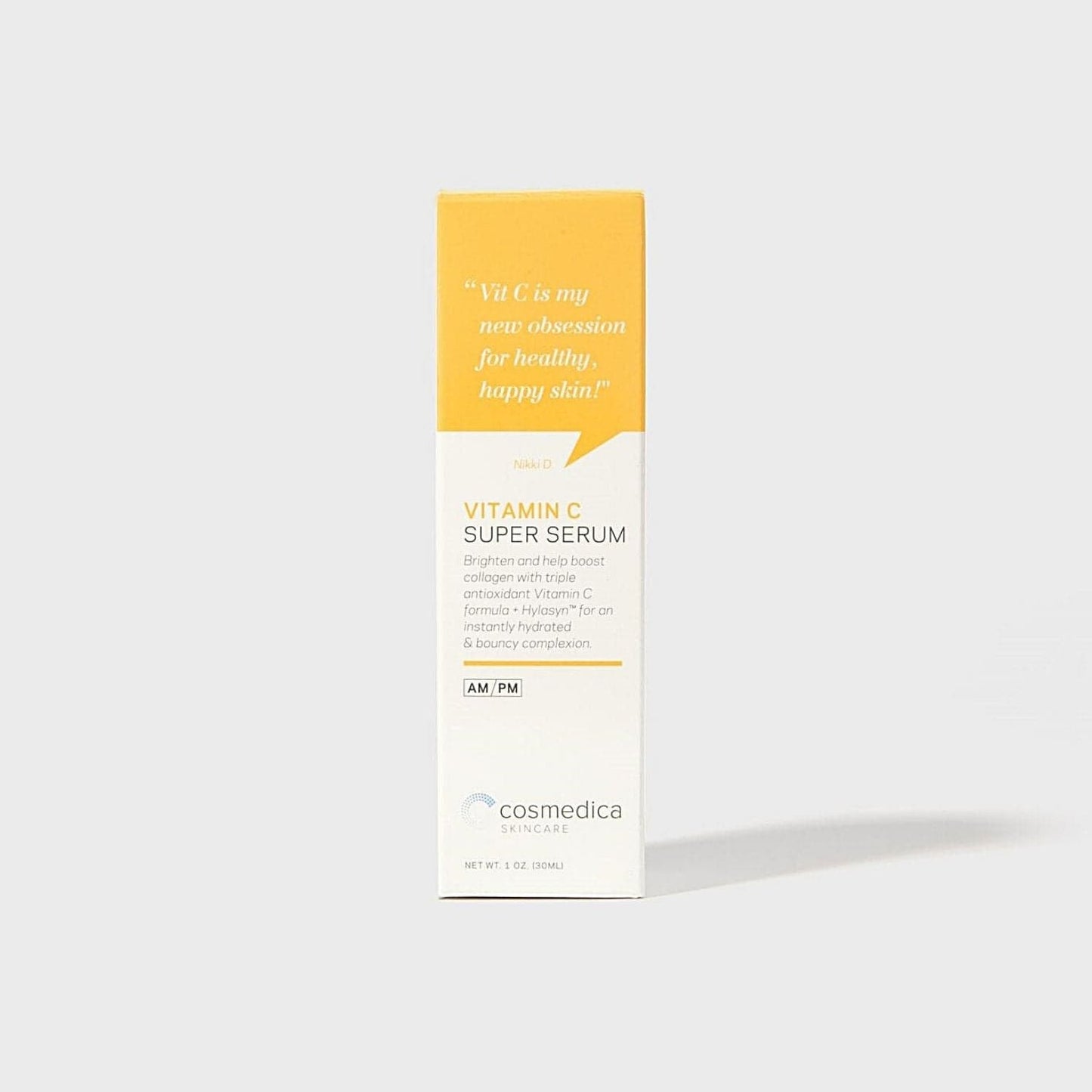 Packaging of Cosmedica Skincare Vitamin C Super Serum explaining its benefits and suggesting usage for a healthy and radiant complexion.