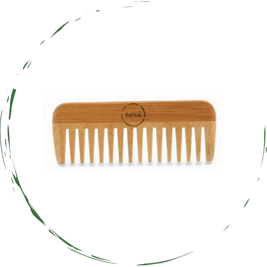 Close-up view of BeNat Eco-Friendly Bamboo Hair Comb with the brand logo, emphasizing its anti-static and durable qualities.