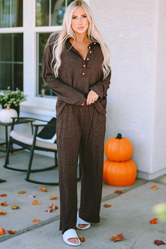 Brooke Ribbed Knit Collared Henley Top and Pants Lounge Outfit - Glam Gurls