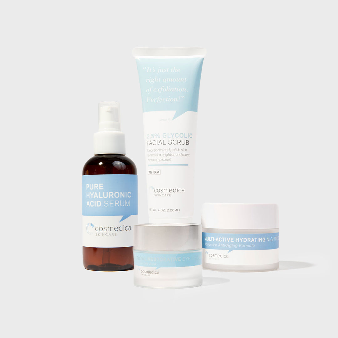 Complete Complexion Kit from Cosmedica Skincare featuring Pure Hyaluronic Acid Serum, 2.5% Glycolic Facial Scrub, and Multiactive Hydrating Night Cream.