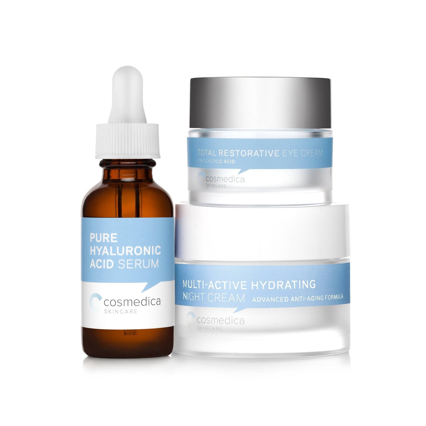 Cosmedica Skincare Intense Hydration Kit showcasing the Pure Hyaluronic Acid Serum, Total Restorative Eye Cream, and Multiactive Hydrating Night Cream for youthful, hydrated skin.